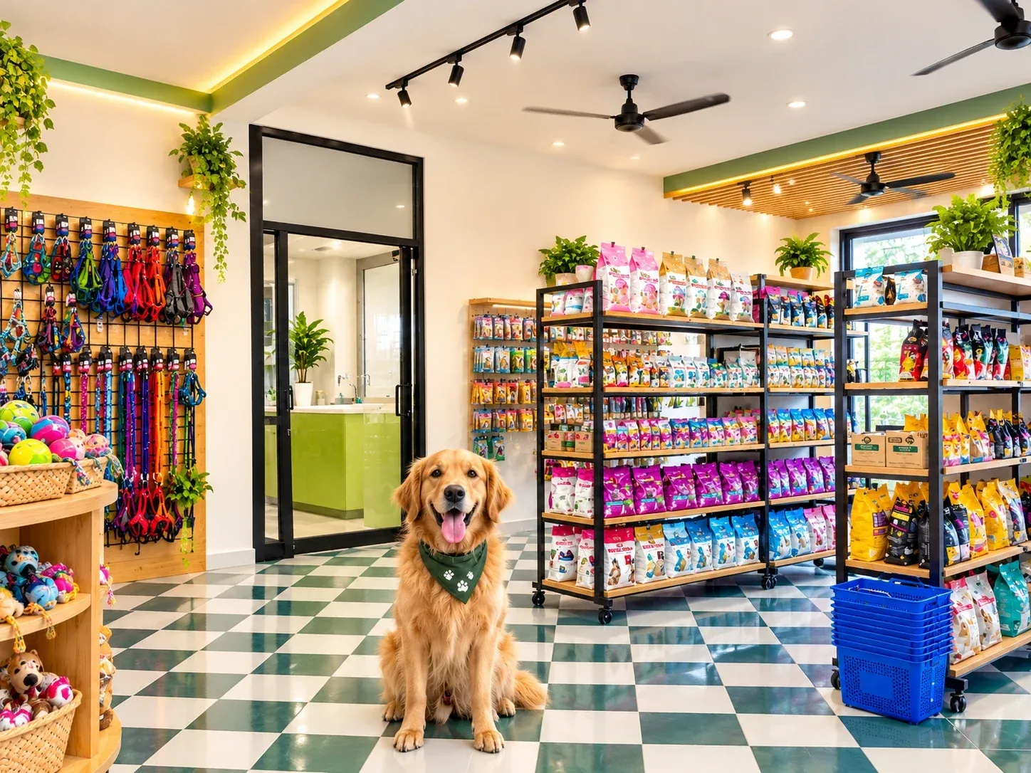 Inside the Kutty Paws pet shop in Hosur with a dog, food shelves and accessories